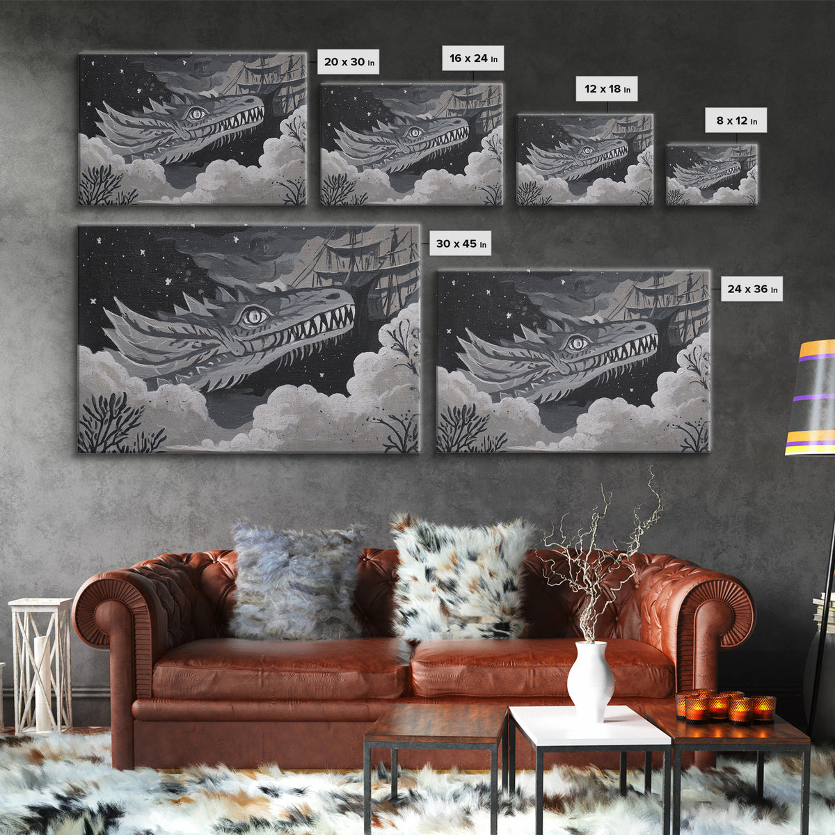 Dragon Soaring Above Jagged Mountain Peaks Canvas Print, Fantasy Art, Surreal Art, Living Room Decor, Fine Art, Mythic, FAN-3x2-53