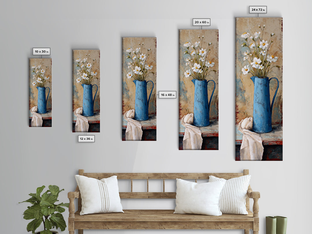 Blue Enamel Pitcher Canvas Print, Farmhouse Art, Sage Green Wall Art, Farmhouse Decor, Oil Painting, Harvest, Gallery Decor, FAR-1x3-100