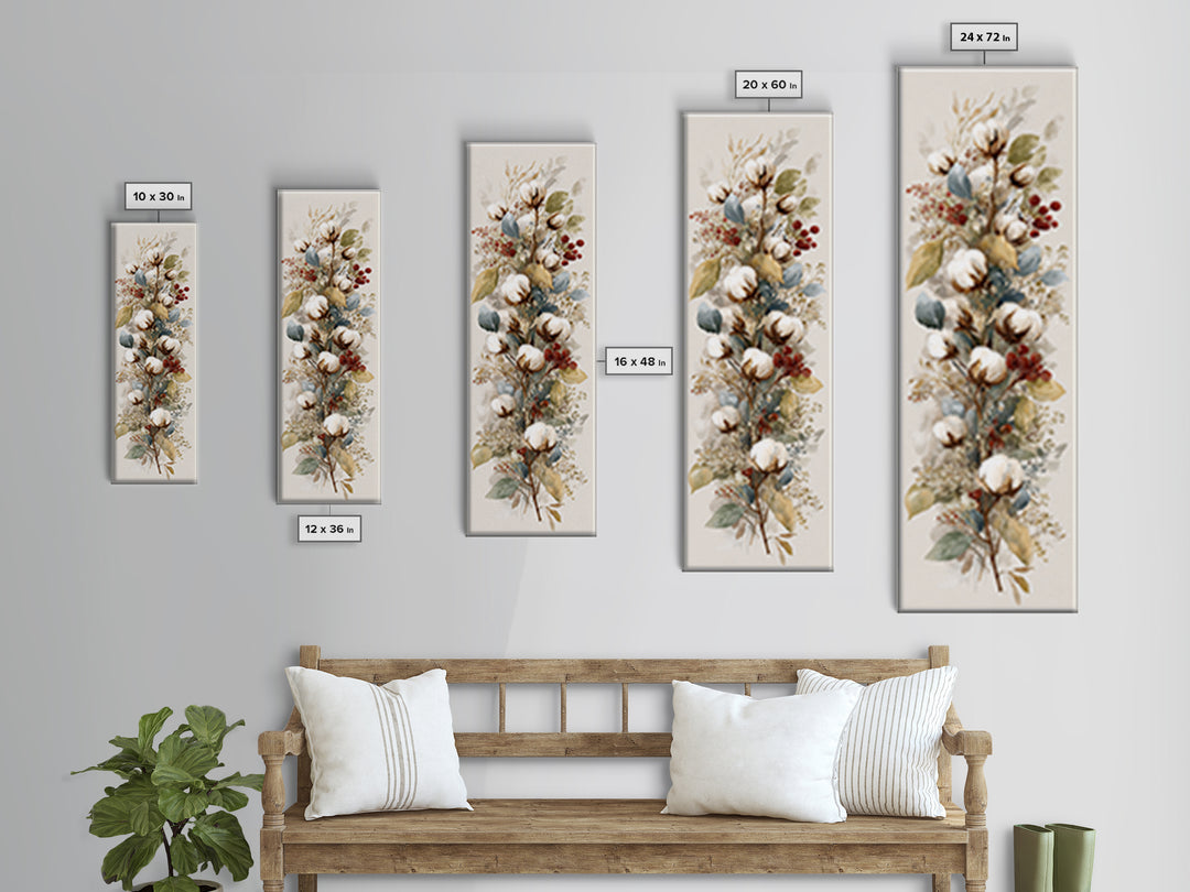 Farmhouse Wreath of Cotton Stems and Eucalyptus Canvas Print, Farmhouse Art, Textured Painting, Farmhouse Decor, Harvest, FAR-1x3-32