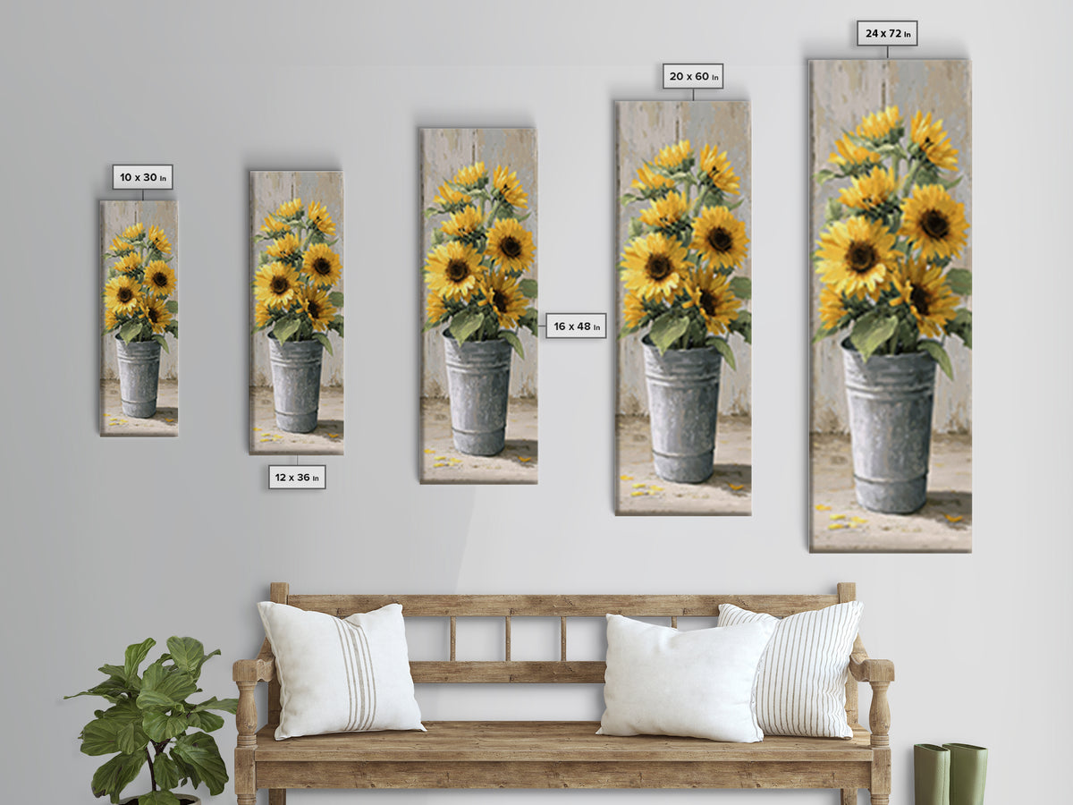 Sunflowers in a Galvanized Metal Bucket Canvas Print, Farmhouse Art, Digital Art, Farmhouse Decor, Oil Painting, Harvest, FAR-1x3-39