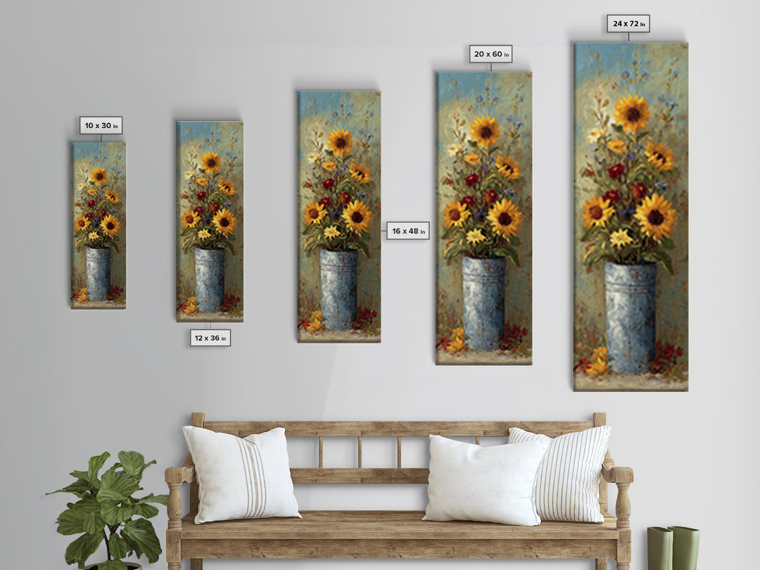 Sunflowers in a Galvanized Metal Bucket Canvas Print, Farmhouse Art, Sage Green Wall Art, Farmhouse Decor, Watercolor Art, FAR-1x3-63