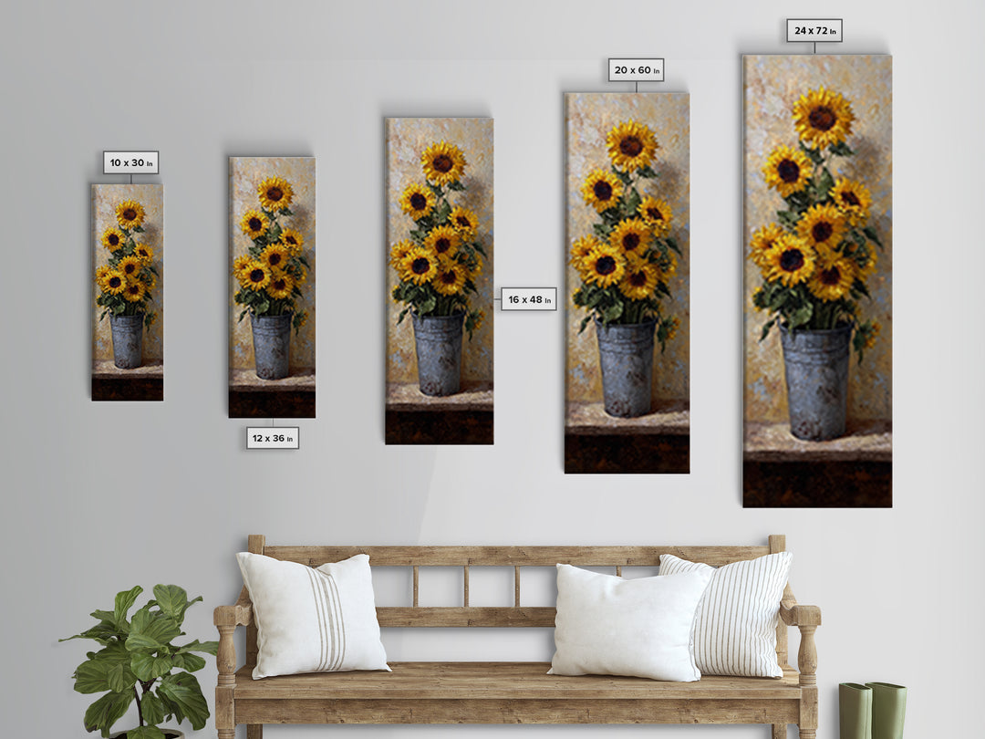 Sunflowers in a Galvanized Metal Bucket Framed Canvas Print, Farmhouse Art, Landscape Painting, Farmhouse Decor, Harvest, FAR-1x3-87
