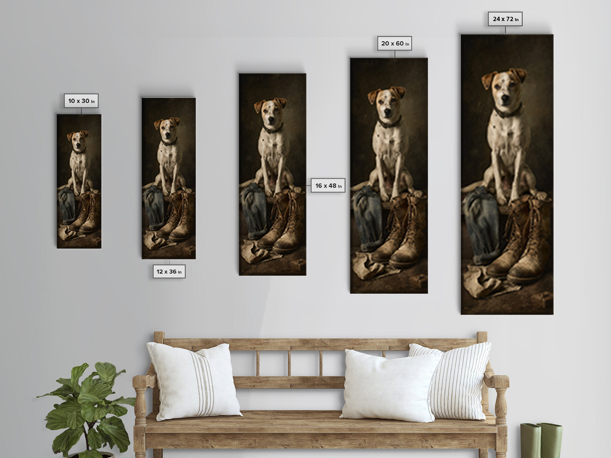 Farm Dog Lying Beside Weathered Boots Canvas Print, Farmhouse Art, Minimalist Decor, Farmhouse Decor, Fine Art, Harvest, FAR-1x3-93