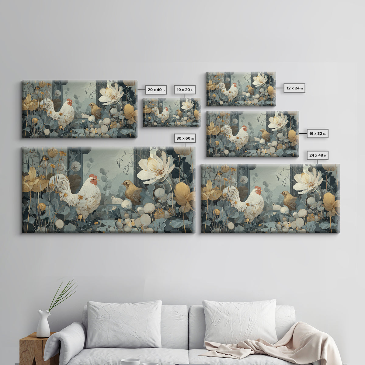 Chicken Family in a Garden Patch Framed Canvas Print, Farmhouse Art, Sage Green Wall Art, Farmhouse Decor, Fine Art, Harvest, FAR-2x1-11