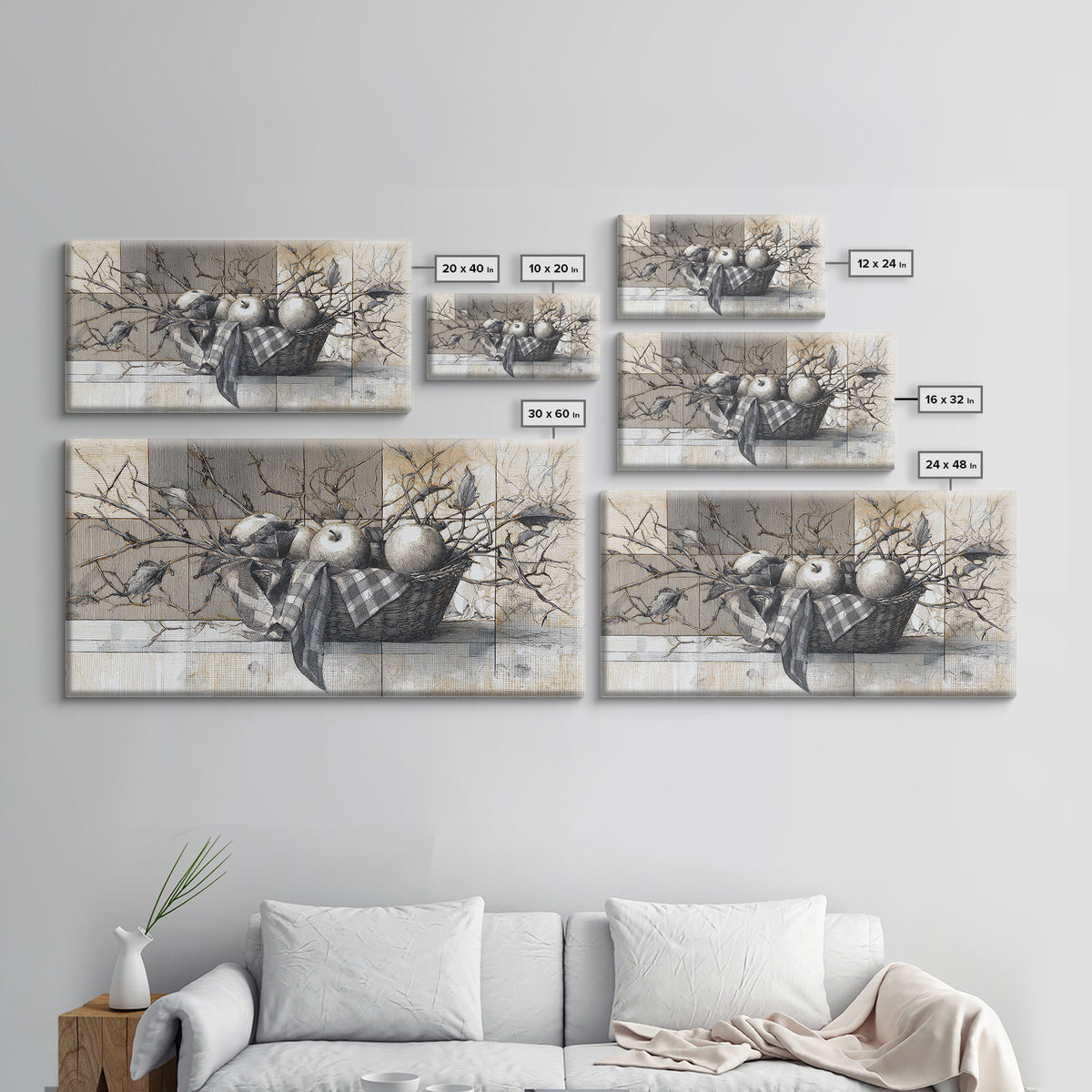 Farmhouse Wreath of Cotton Stems and Eucalyptus Framed Canvas Print, Farmhouse Art, Fine Art Print, Farmhouse Decor, Harvest, FAR-2x1-16