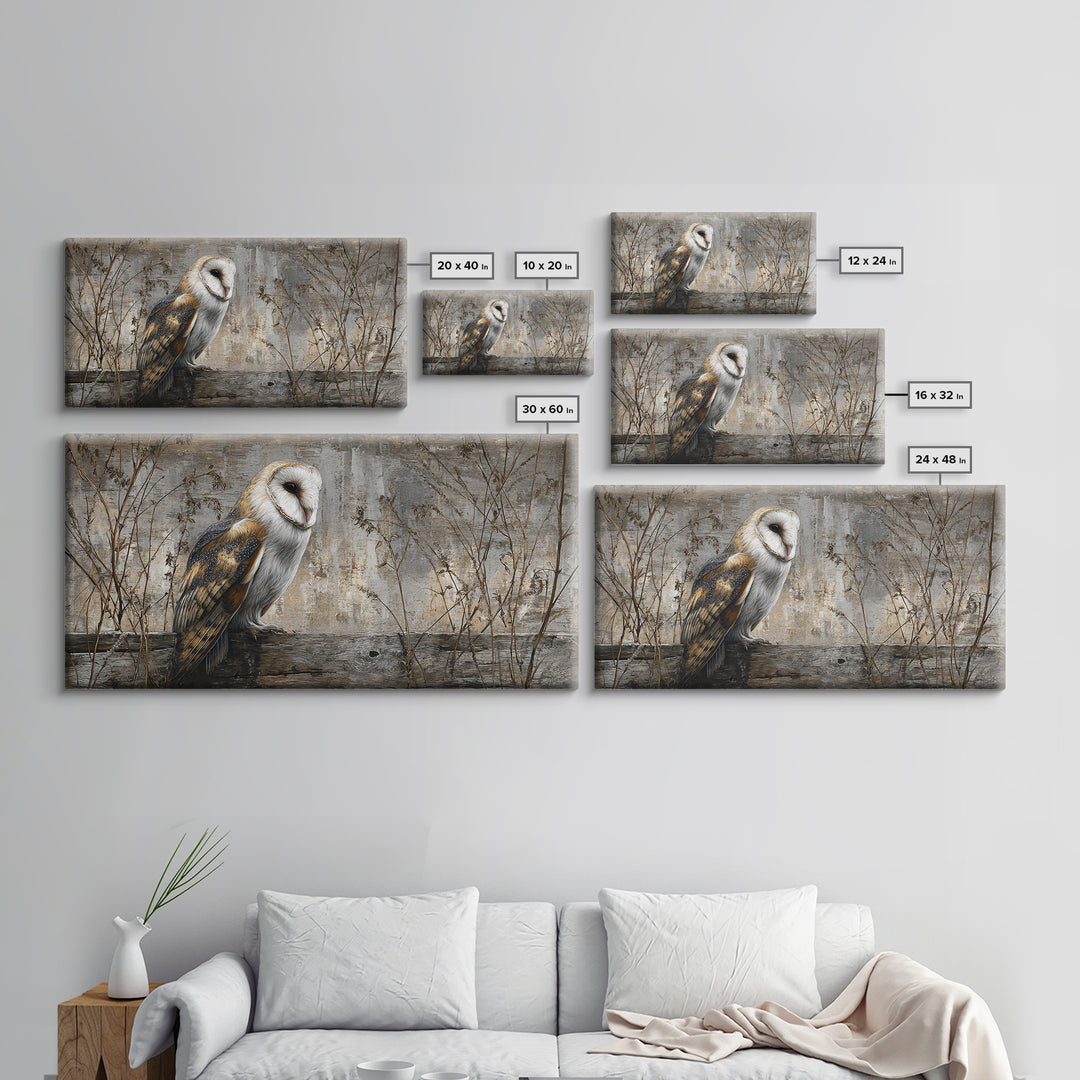 Barn Owl Perched on Aged Wood Framed Canvas Print, Farmhouse Art, Gallery Wall, Farmhouse Decor, Fine Art, Harvest, Art Print, FAR-2x1-19