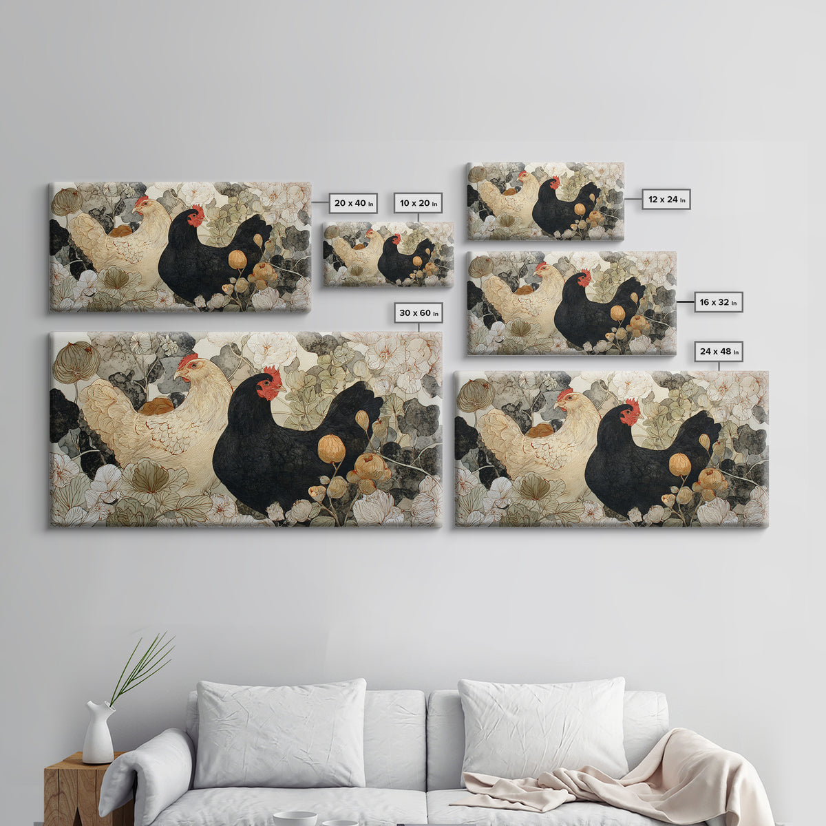 Chicken Family in a Garden Patch Framed Canvas Print, Farmhouse Art, Black Wall Art, Farmhouse Decor, Watercolor Art, Harvest, FAR-2x1-59