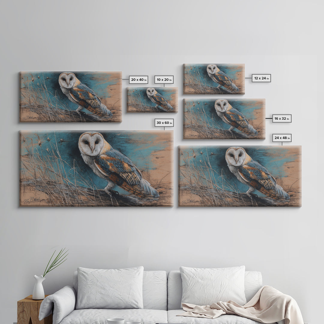 Barn Owl Perched on Aged Wood Framed Canvas Print, Farmhouse Art, Landscape Art, Farmhouse Decor, Fine Art, Harvest, FAR-2x1-67