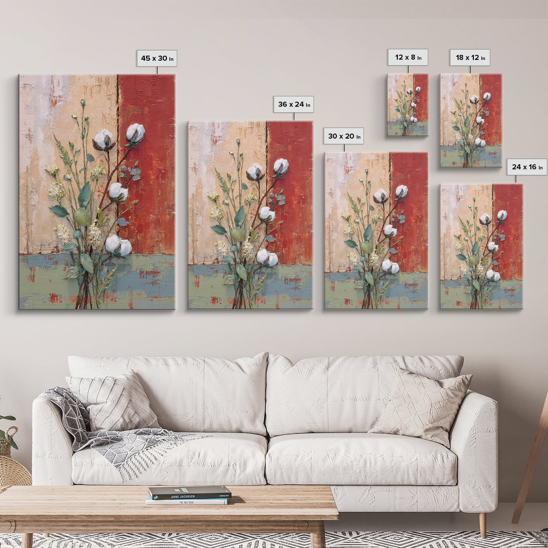 Farmhouse Wreath of Cotton Stems and Eucalyptus Framed Canvas Print, Farmhouse Art, Art Print, Farmhouse Decor, Harvest, FAR-2x3-100