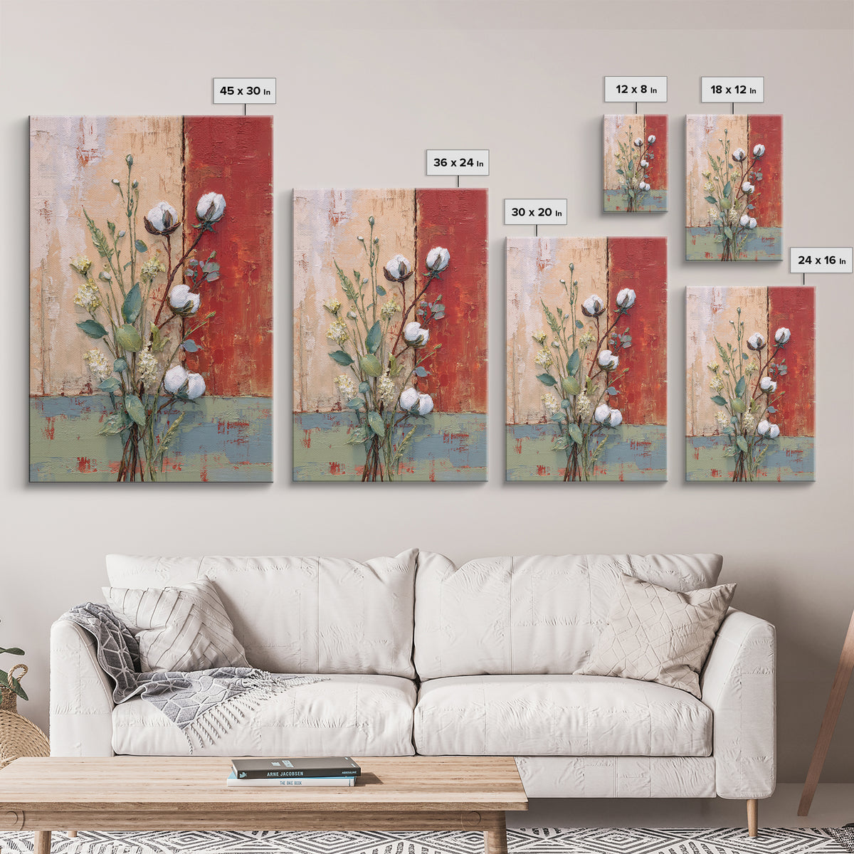 Farmhouse Wreath of Cotton Stems and Eucalyptus Framed Canvas Print, Farmhouse Art, Art Print, Farmhouse Decor, Harvest, FAR-2x3-100