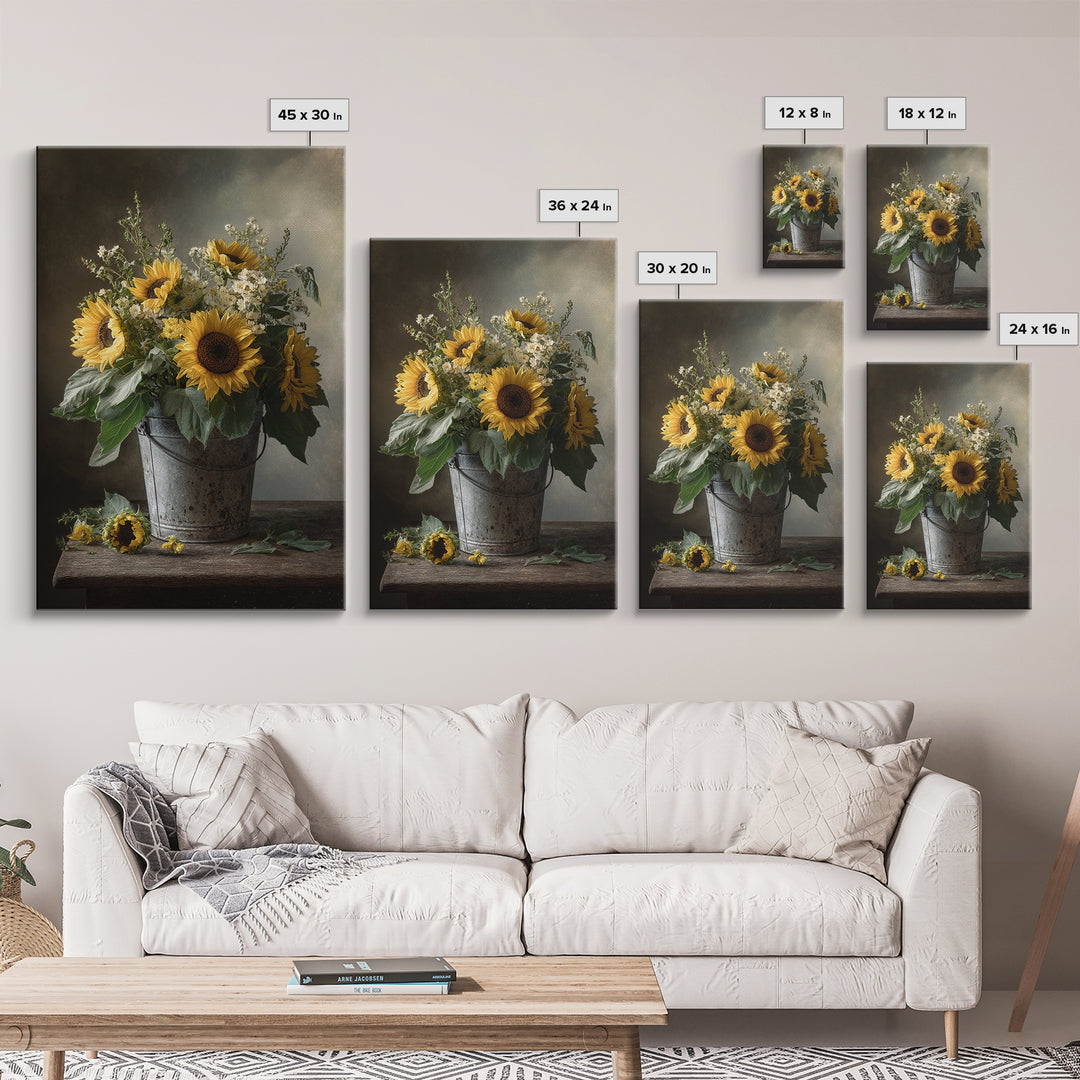 Sunflowers in a Galvanized Metal Bucket Canvas Print, Farmhouse Art, Botanical Art, Farmhouse Decor, Fine Art, Harvest, FAR-2x3-11