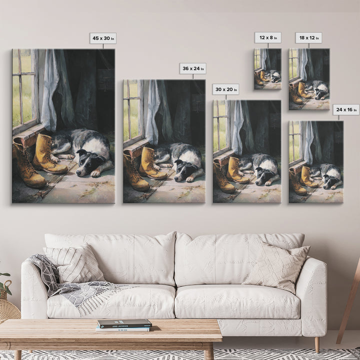 Farm Dog Lying Beside Weathered Boots Framed Canvas Print, Farmhouse Art, Wall Decor, Farmhouse Decor, Abstract Art, Harvest, FAR-2x3-17