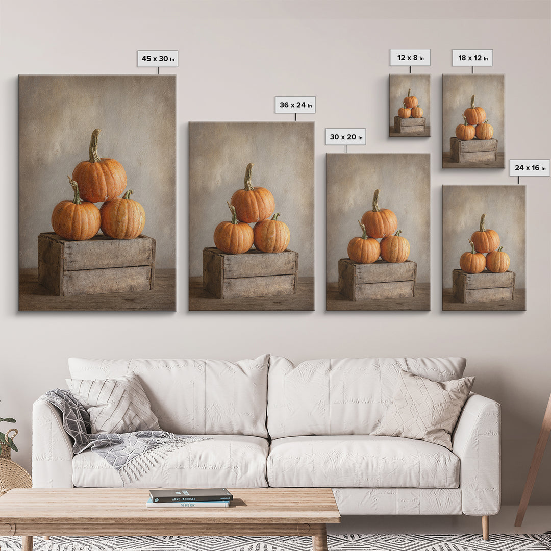 Pumpkins Stacked on a Wooden Crate Framed Canvas Print, Farmhouse Art, Contemporary Art, Farmhouse Decor, Oil Painting, Harvest, FAR-2x3-21