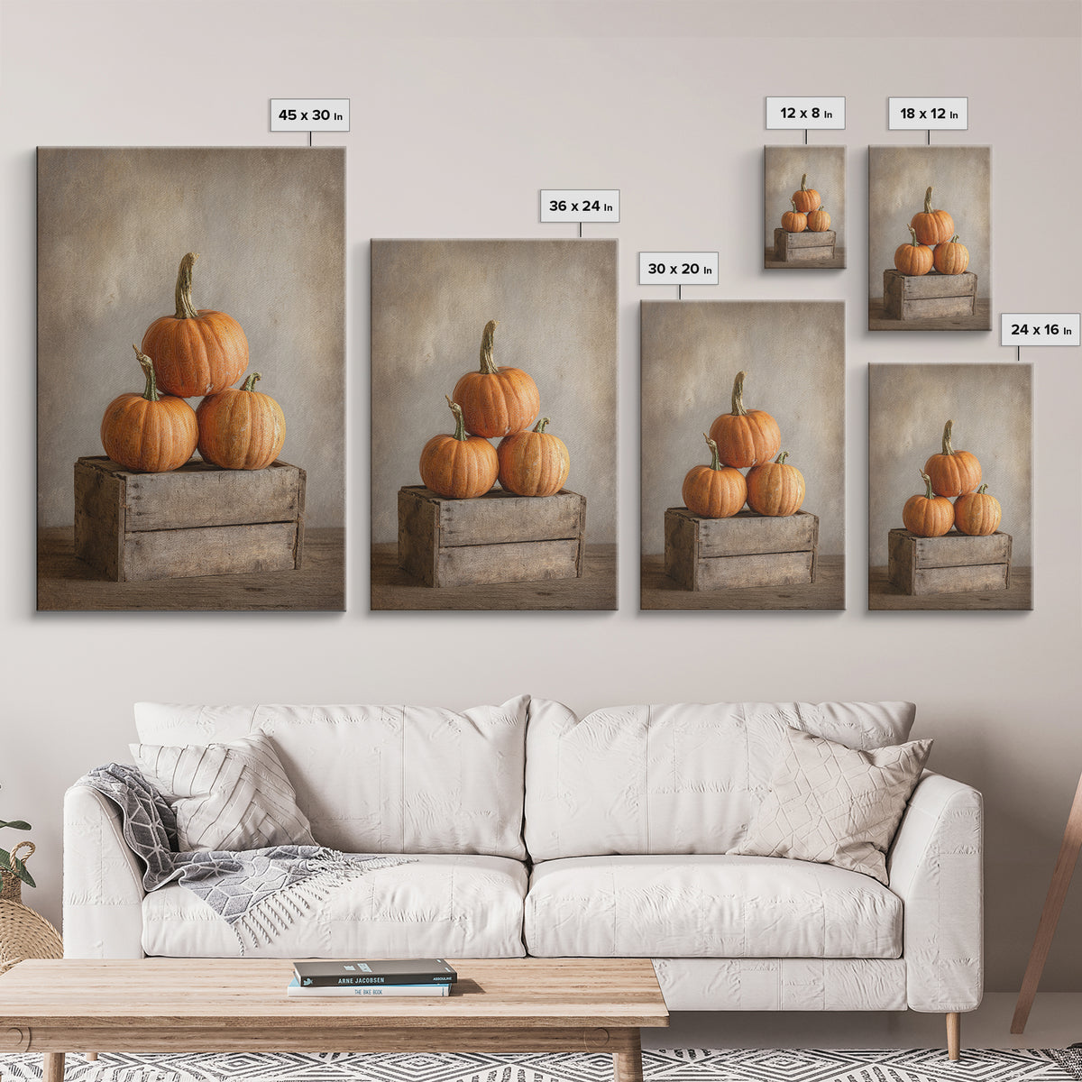 Pumpkins Stacked on a Wooden Crate Framed Canvas Print, Farmhouse Art, Contemporary Art, Farmhouse Decor, Oil Painting, Harvest, FAR-2x3-21