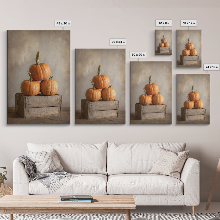 Pumpkins Stacked on a Wooden Crate Framed Canvas Print, Farmhouse Art, Contemporary Art, Farmhouse Decor, Oil Painting, Harvest, FAR-2x3-21