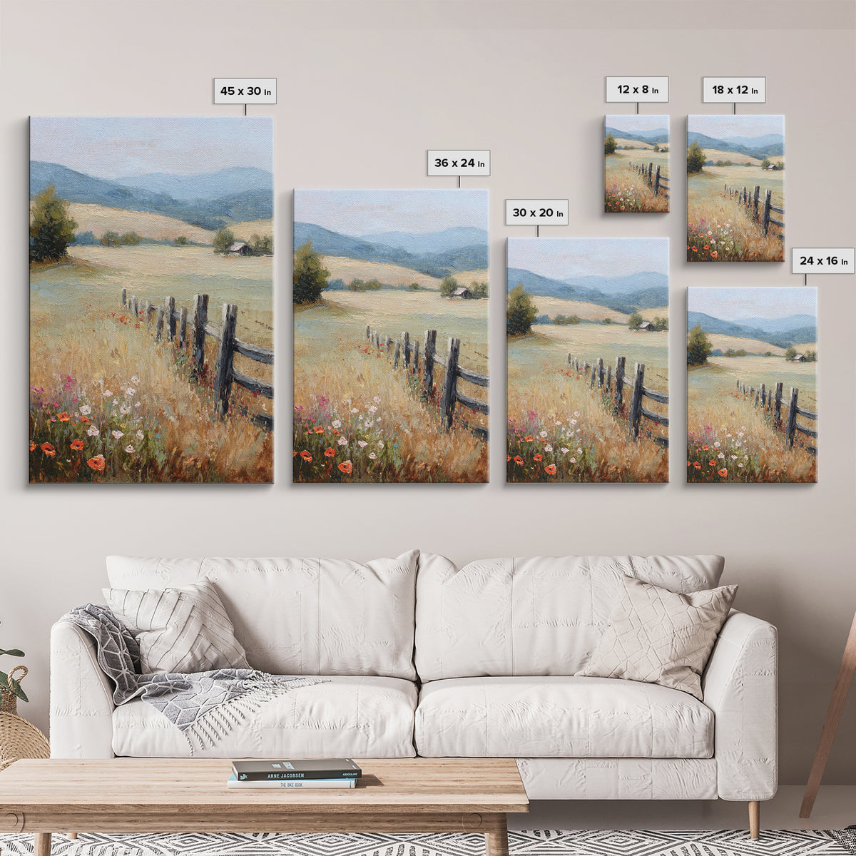 Country Landscape with Fence and Rolling Hills Framed Canvas Print, Farmhouse Art, Textured Painting, Farmhouse Decor, Harvest, FAR-2x3-22