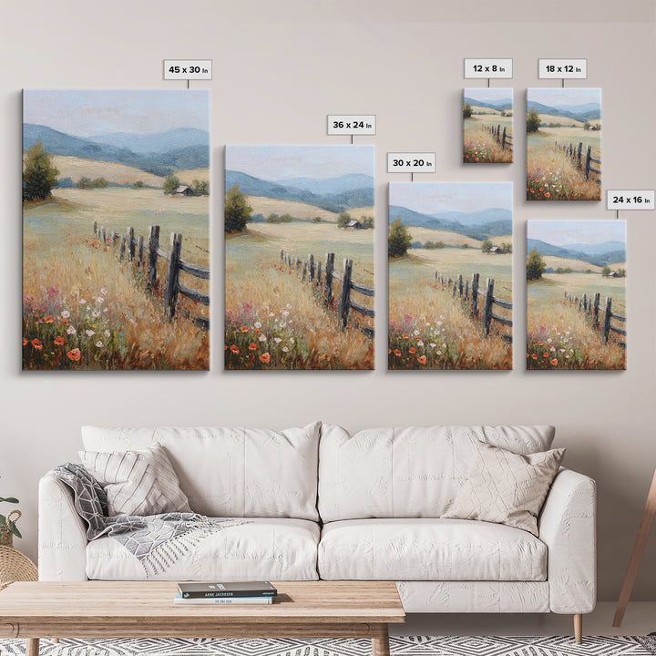 Country Landscape with Fence and Rolling Hills Framed Canvas Print, Farmhouse Art, Textured Painting, Farmhouse Decor, Harvest, FAR-2x3-22