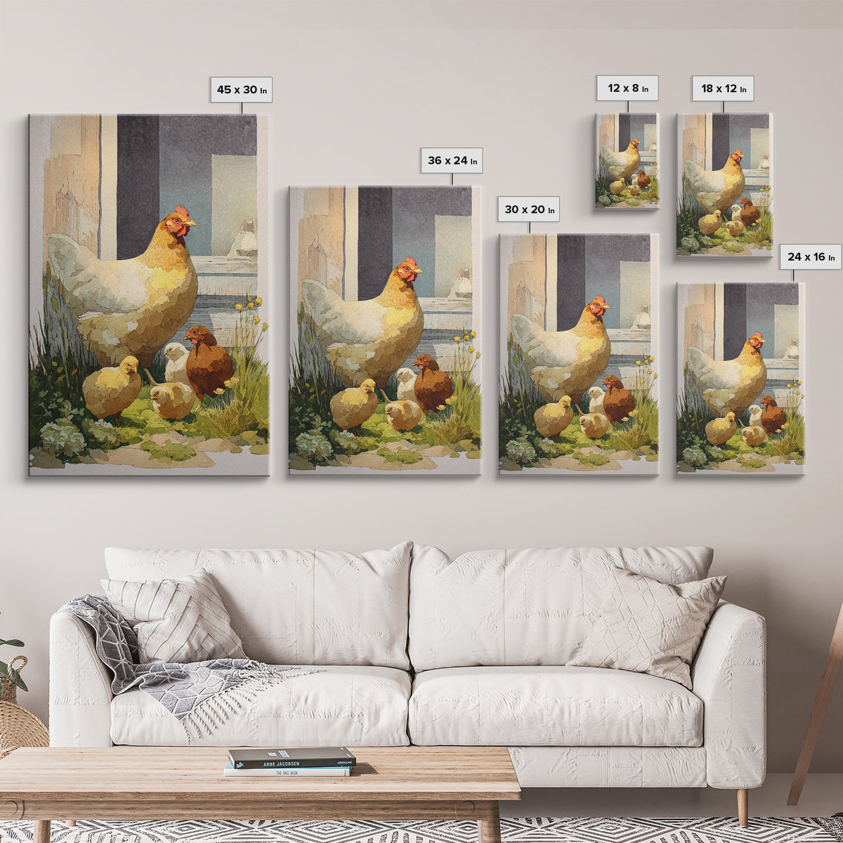 Chicken Family in a Garden Patch Canvas Print, Farmhouse Art, Art Print, Farmhouse Decor, Fine Art, Harvest, Digital Art, FAR-2x3-23