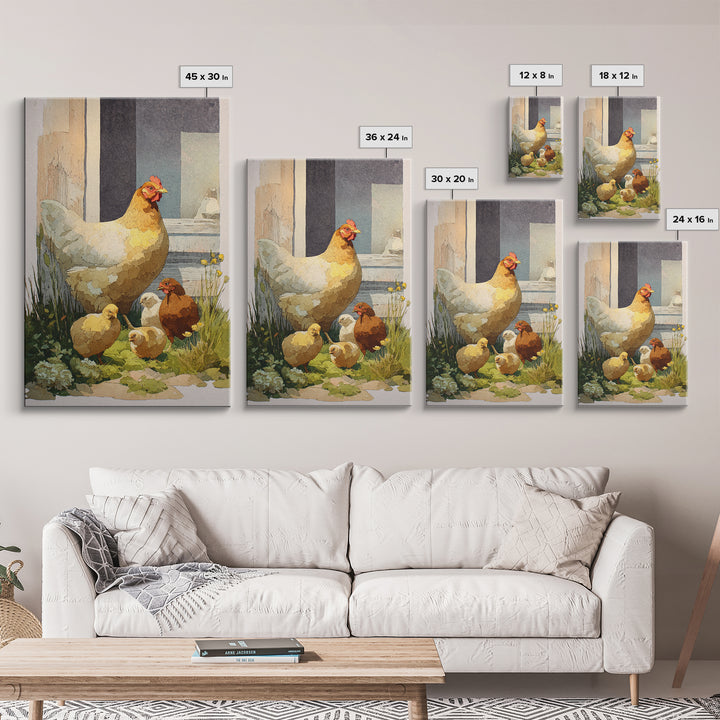 Chicken Family in a Garden Patch Canvas Print, Farmhouse Art, Art Print, Farmhouse Decor, Fine Art, Harvest, Digital Art, FAR-2x3-23