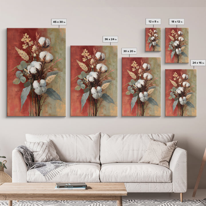 Farmhouse Wreath of Cotton Stems and Eucalyptus Framed Canvas Print, Farmhouse Art, Farmhouse Decor, Fine Art, Harvest, FAR-2x3-28