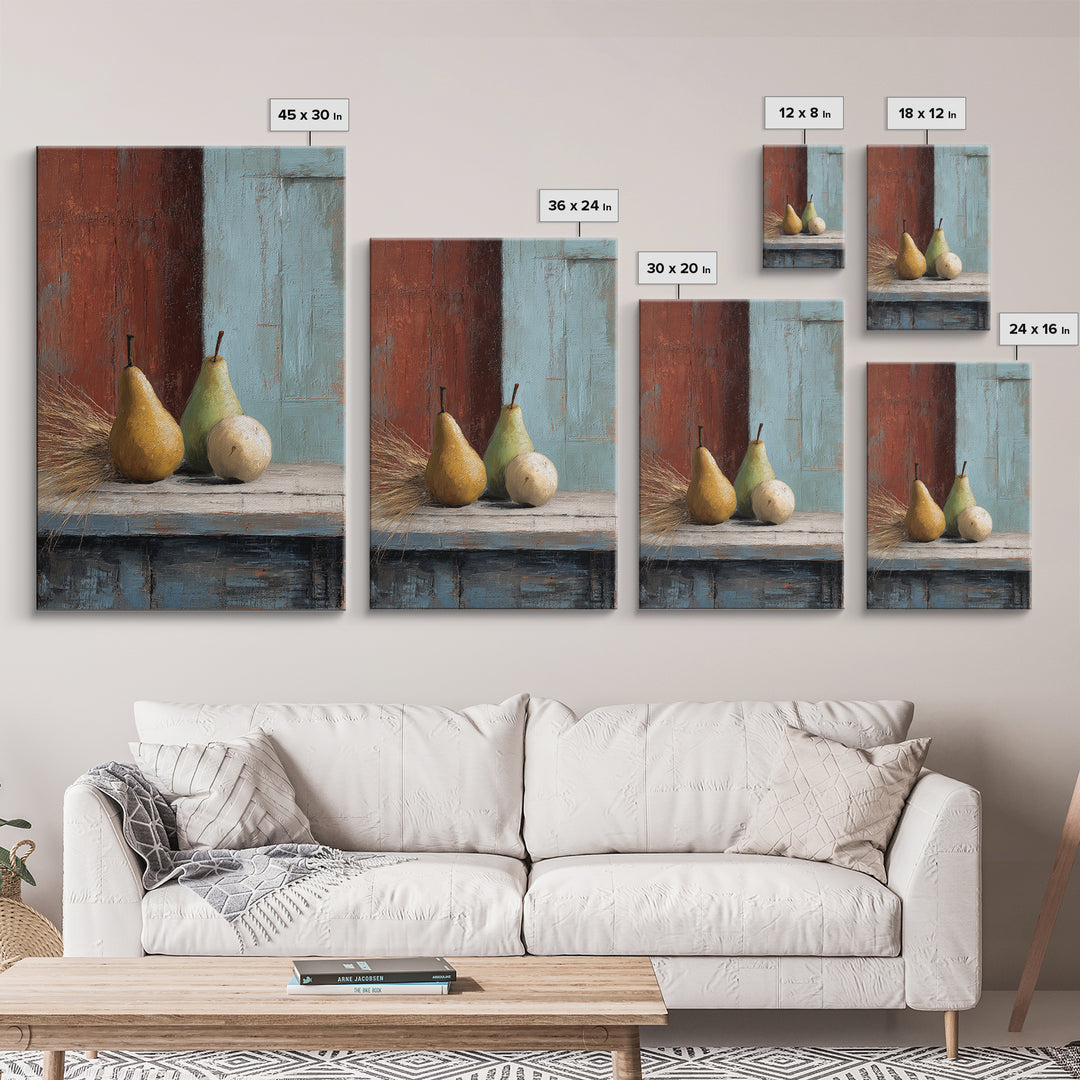Rustic Pear Still Life on Plank Wood Framed Canvas Print, Farmhouse Art, Landscape Art, Farmhouse Decor, Fine Art, Harvest, FAR-2x3-3