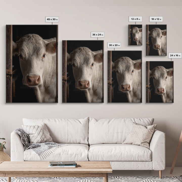 White Cow Portrait Framed Canvas Print, Farmhouse Art, Printable Wall Art, Farmhouse Decor, Fine Art, Harvest, Black Wall Art, FAR-2x3-33