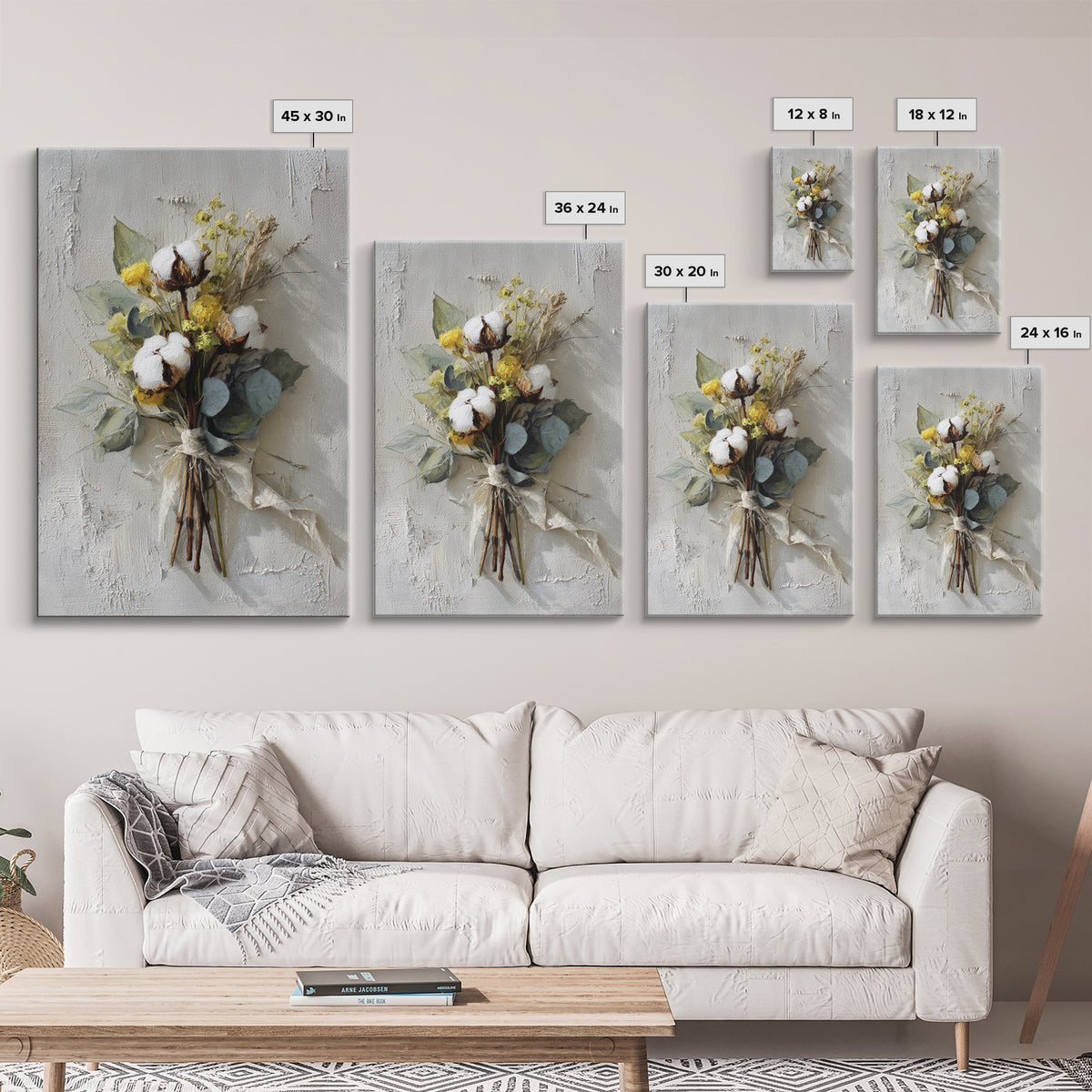 Farmhouse Wreath of Cotton Stems and Eucalyptus Canvas Print, Farmhouse Art, Statement Artwork, Farmhouse Decor, Harvest, FAR-2x3-4