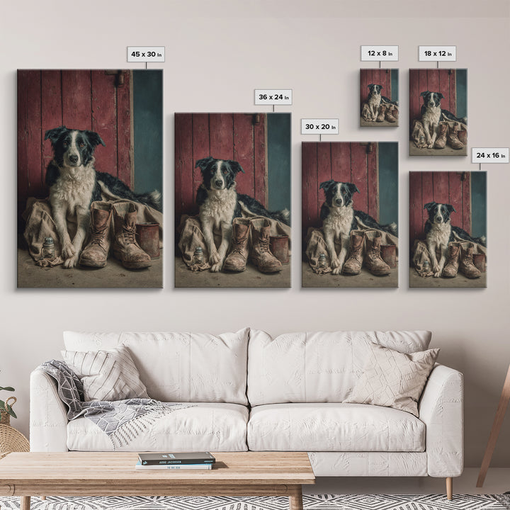 Farm Dog Lying Beside Weathered Boots Framed Canvas Print, Farmhouse Art, Wall Decor, Farmhouse Decor, Abstract Art, Harvest, FAR-2x3-41