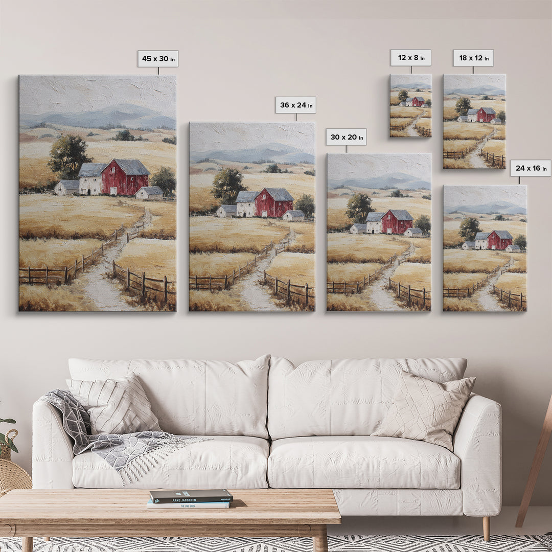 Country Landscape with Fence and Rolling Hills Framed Canvas Print, Farmhouse Art, Textured Painting, Farmhouse Decor, Harvest, FAR-2x3-46