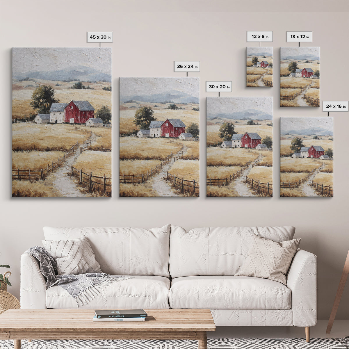 Country Landscape with Fence and Rolling Hills Framed Canvas Print, Farmhouse Art, Textured Painting, Farmhouse Decor, Harvest, FAR-2x3-46