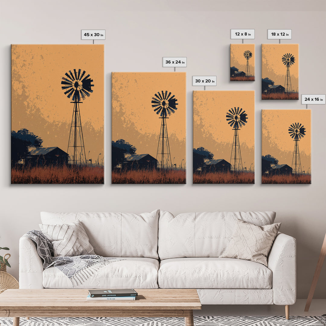 Windmill Silhouette at Sunset Canvas Print, Farmhouse Art, Art Prints, Farmhouse Decor, Fine Art, Harvest, Sage Green Wall Art, FAR-2x3-49