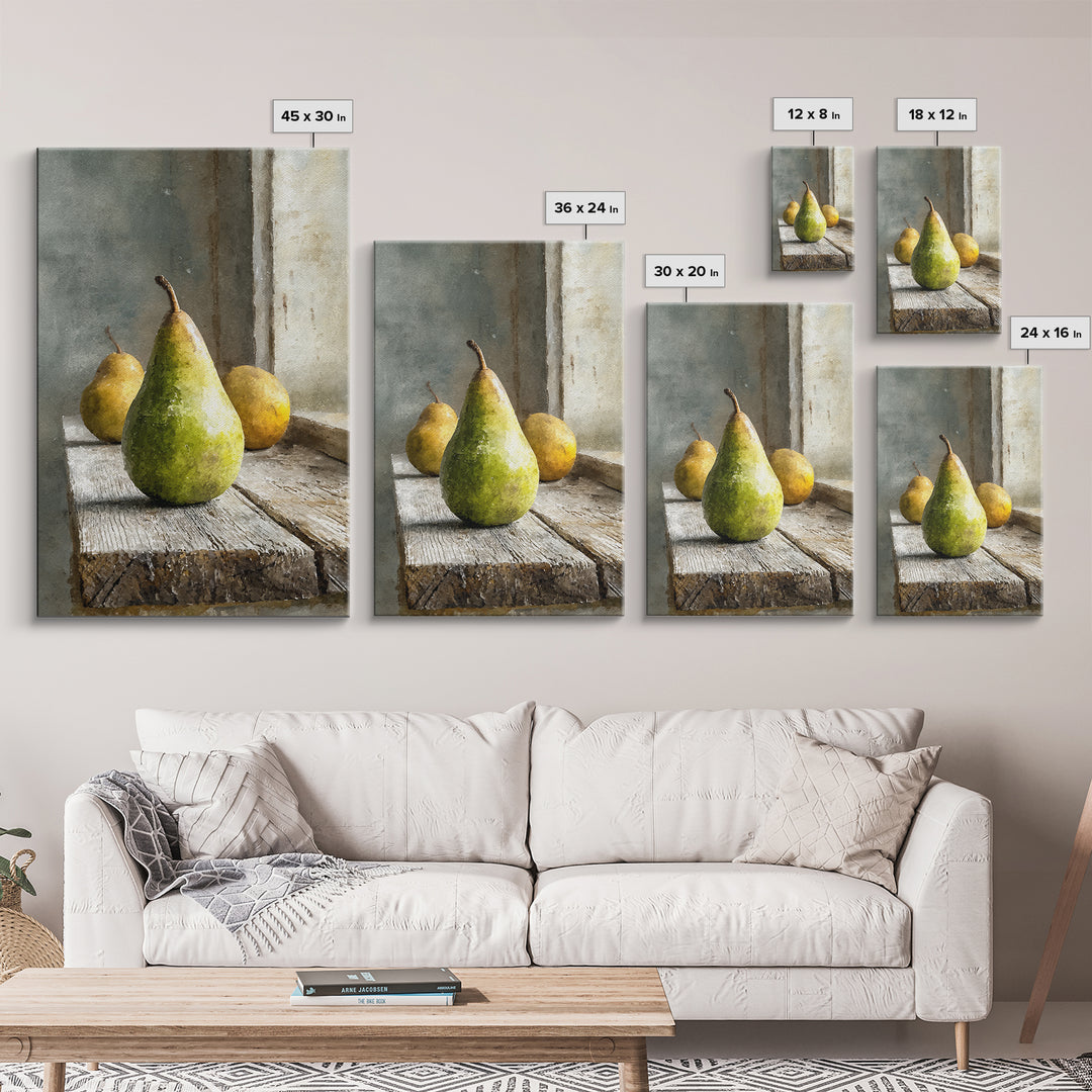 Rustic Pear Still Life on Plank Wood Framed Canvas Print, Farmhouse Art, Room Decor, Farmhouse Decor, Oil Painting, Harvest, FAR-2x3-51