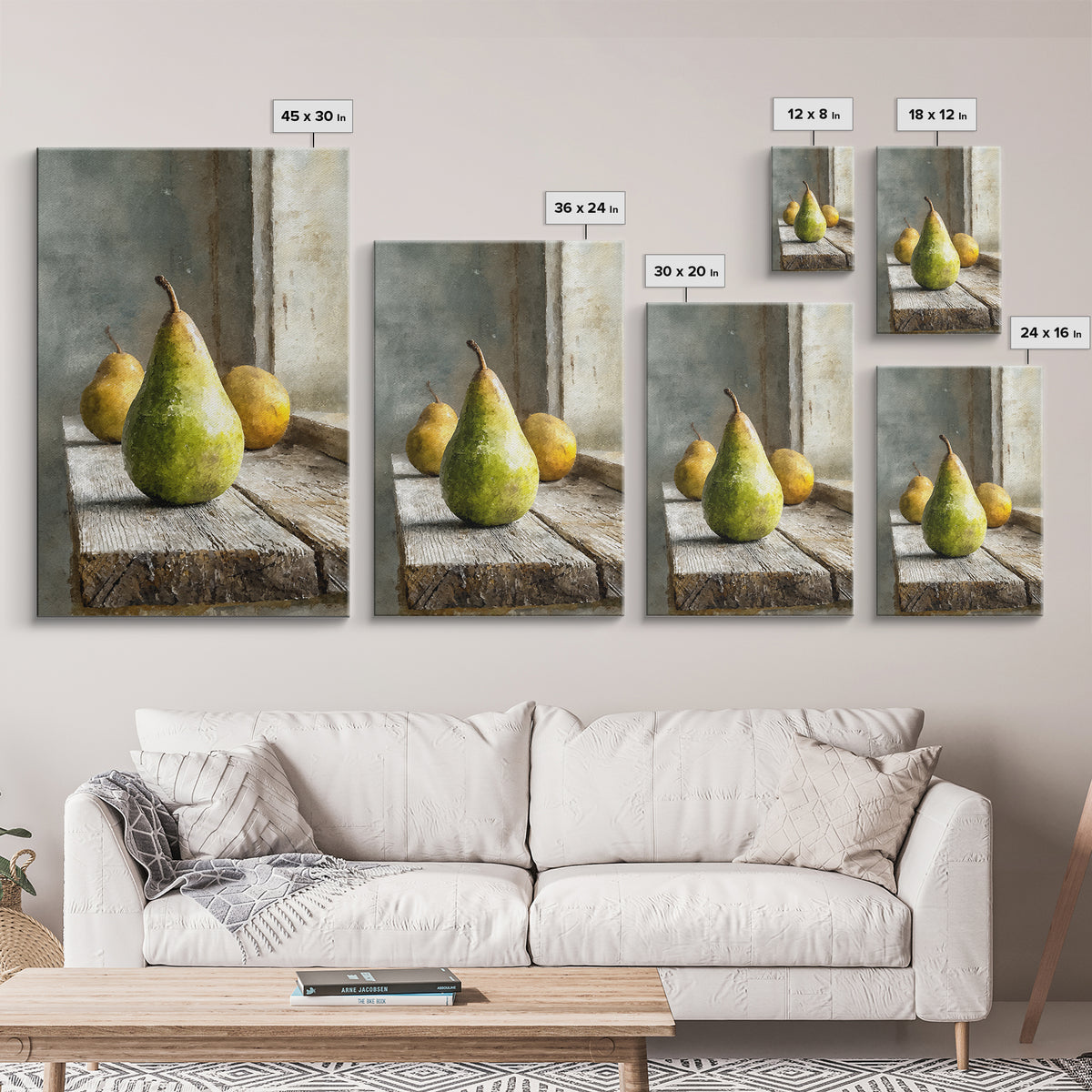 Rustic Pear Still Life on Plank Wood Framed Canvas Print, Farmhouse Art, Room Decor, Farmhouse Decor, Oil Painting, Harvest, FAR-2x3-51