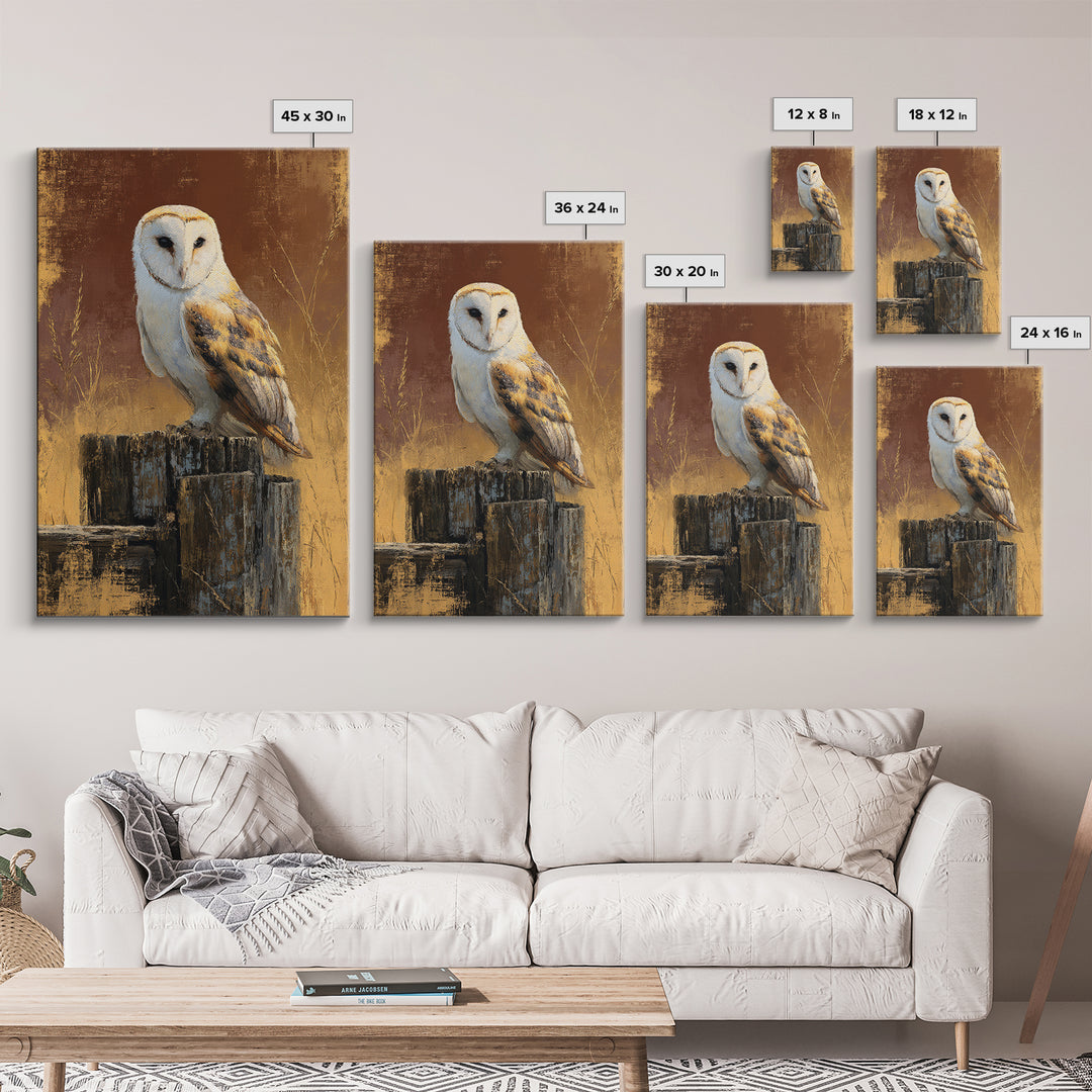 Barn Owl Perched on Aged Wood Framed Canvas Print, Farmhouse Art, Textured Painting, Farmhouse Decor, Fine Art, Harvest, FAR-2x3-55