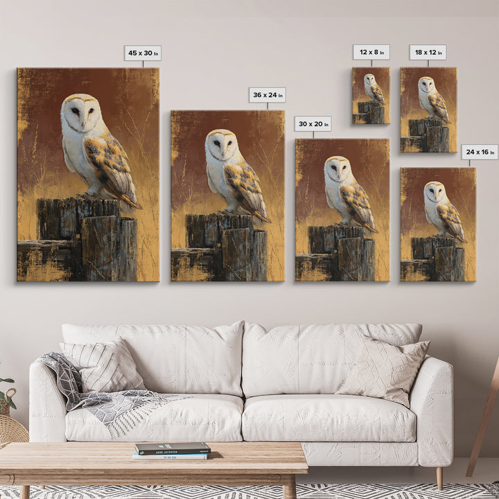 Barn Owl Perched on Aged Wood Framed Canvas Print, Farmhouse Art, Textured Painting, Farmhouse Decor, Fine Art, Harvest, FAR-2x3-55