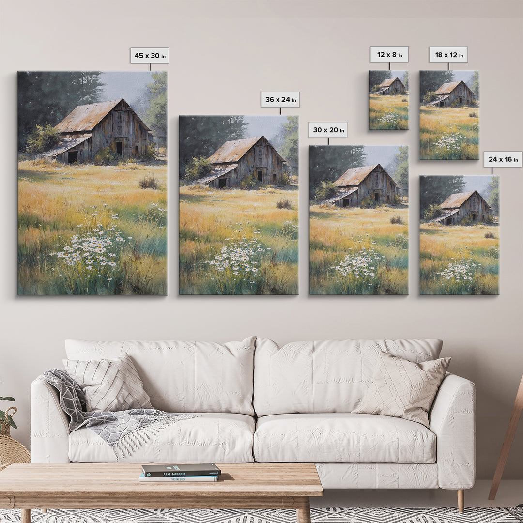Rustic Barn in Golden Field Light Canvas Print, Farmhouse Art, Digital Prints, Farmhouse Decor, Harvest, Watercolor Painting, FAR-2x3-58