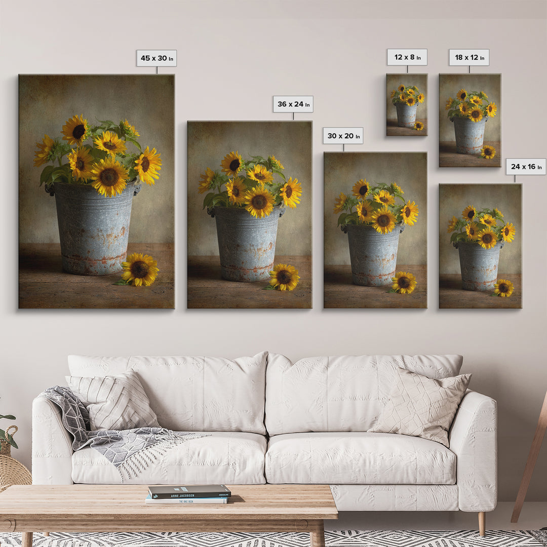 Sunflowers in a Galvanized Metal Bucket Framed Canvas Print, Farmhouse Art, Art, Farmhouse Decor, Watercolor Art, Harvest, FAR-2x3-59