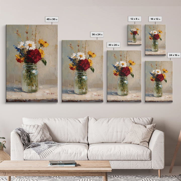 Wildflowers in a Mason Jar on Linen Framed Canvas Print, Farmhouse Art, Wall Decor, Farmhouse Decor, Fine Art, Harvest, FAR-2x3-63