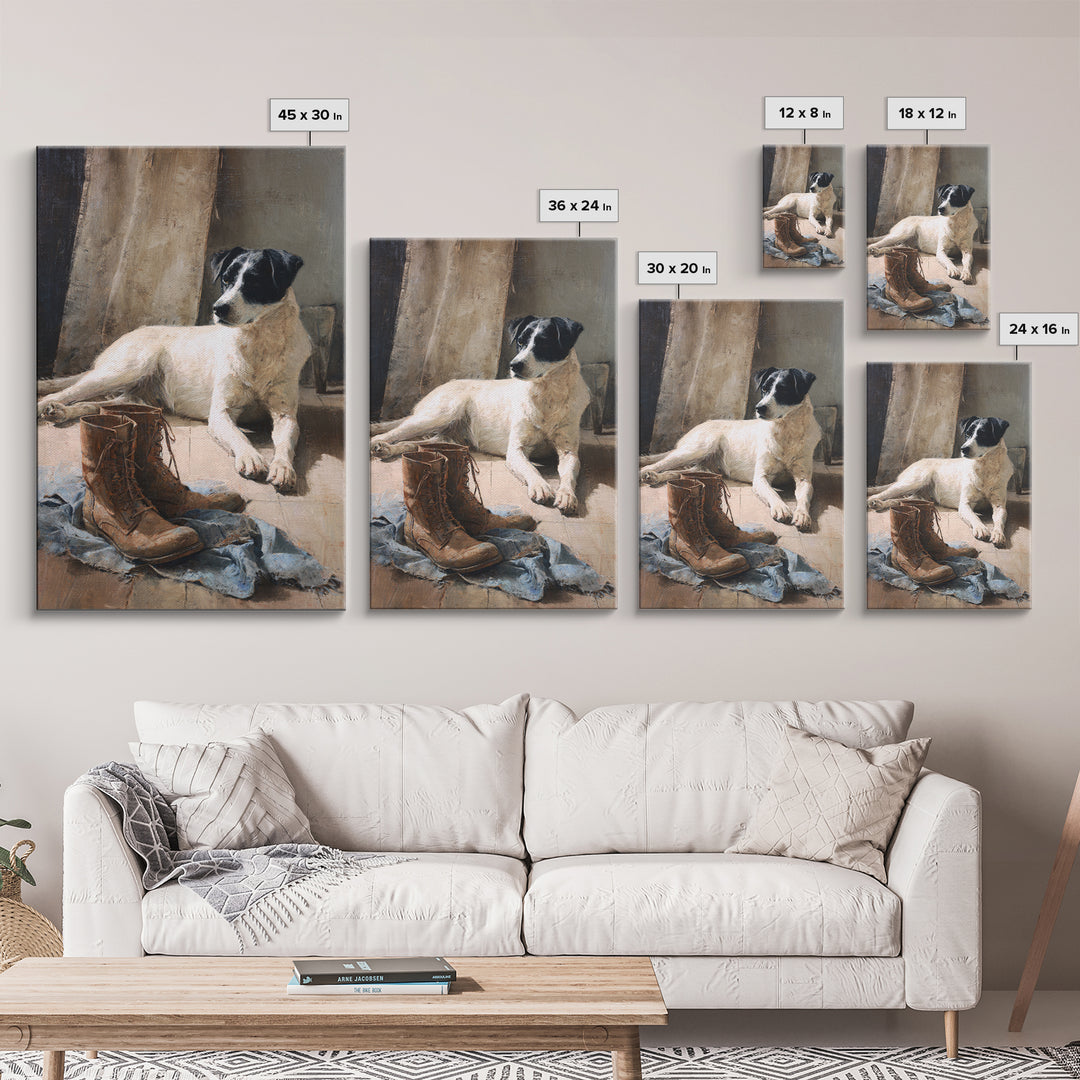 Farm Dog Lying Beside Weathered Boots Canvas Print, Farmhouse Art, Digital Wall Art, Farmhouse Decor, Fine Art, Harvest, FAR-2x3-65