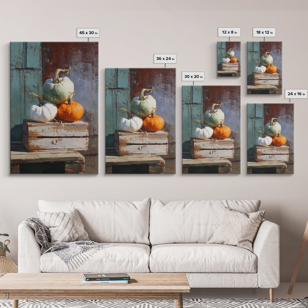 Pumpkins Stacked on a Wooden Crate Framed Canvas Print, Farmhouse Art, Digital Print, Farmhouse Decor, Fine Art, Harvest, FAR-2x3-69