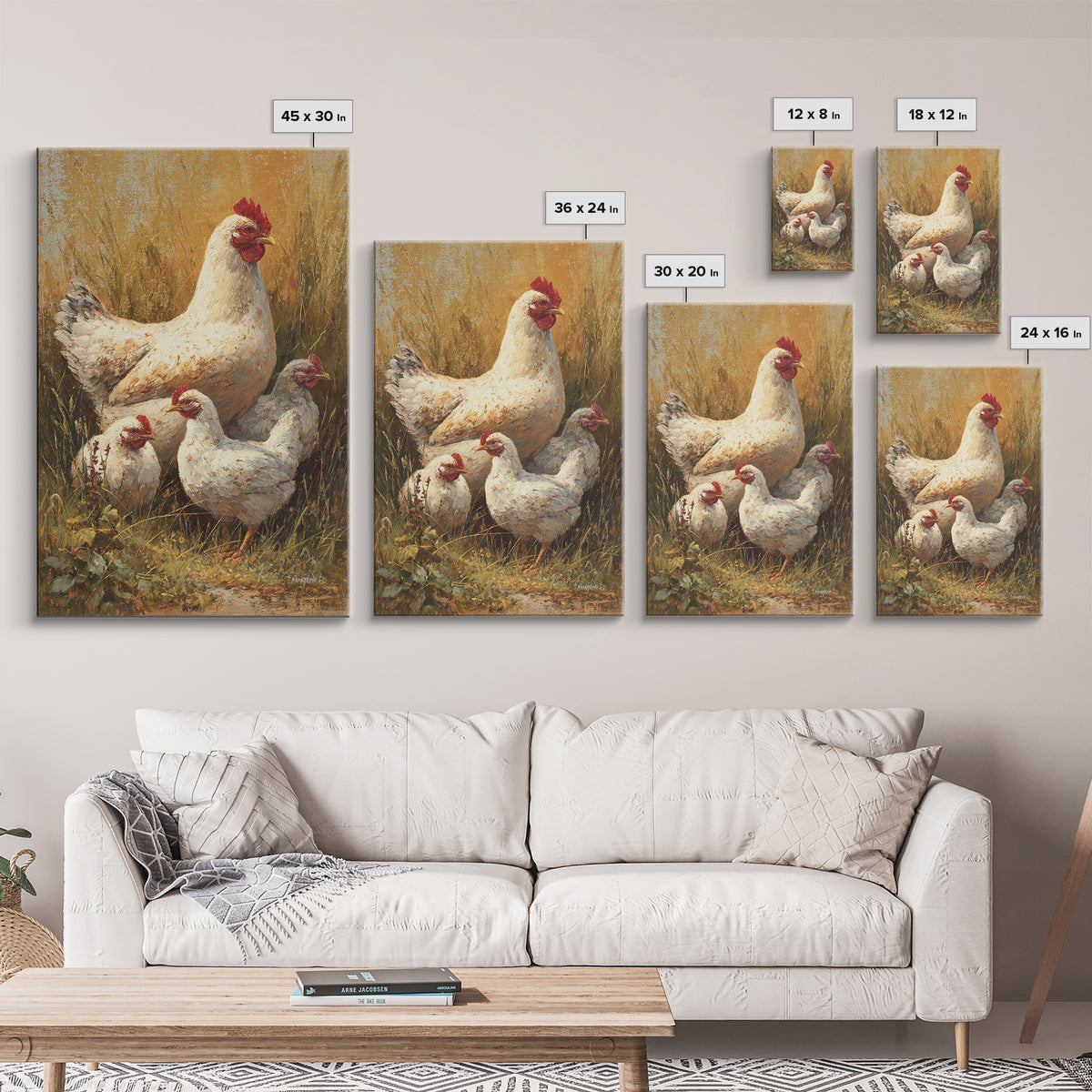 Chicken Family in a Garden Patch Canvas Print, Farmhouse Art, Farmhouse Decor, Oil Painting, Harvest, Sage Green Wall Art, FAR-2x3-71
