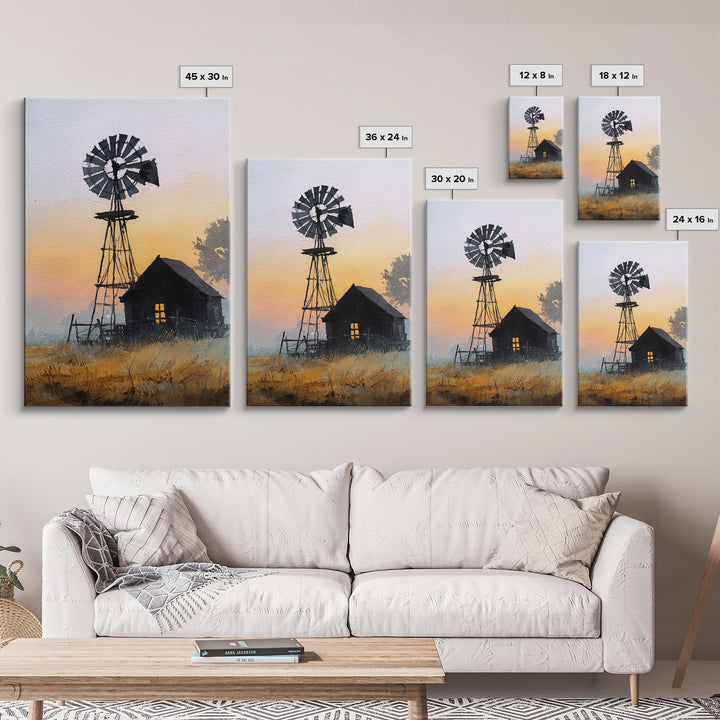 Windmill Silhouette at Sunset Framed Canvas Print, Farmhouse Art, Printable Art, Farmhouse Decor, Harvest, Landscape Painting, FAR-2x3-73