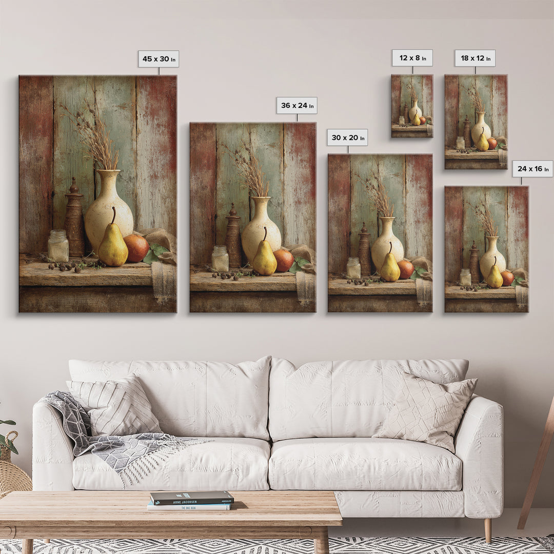 Rustic Pear Still Life on Plank Wood Framed Canvas Print, Farmhouse Art, Digital Art, Farmhouse Decor, Fine Art, Harvest, FAR-2x3-75