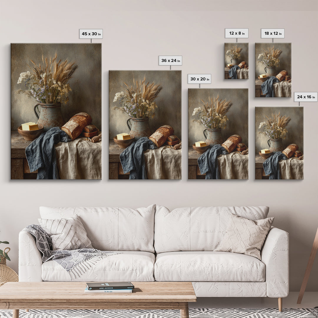 Fresh Bread Honey and Butter Still Life Framed Canvas Print, Farmhouse Art, Black Wall Art, Farmhouse Decor, Oil Painting, FAR-2x3-8