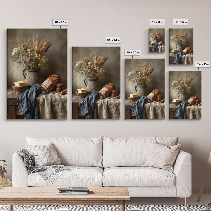 Fresh Bread Honey and Butter Still Life Framed Canvas Print, Farmhouse Art, Black Wall Art, Farmhouse Decor, Oil Painting, FAR-2x3-8