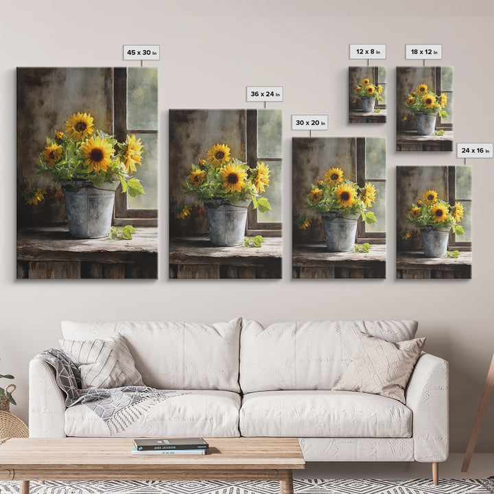 Sunflowers in a Galvanized Metal Bucket Framed Canvas Print, Farmhouse Art, Living Room Decor, Farmhouse Decor, Harvest, FAR-2x3-83