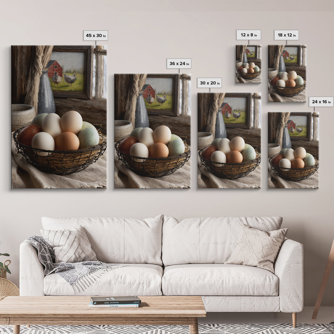 Fresh Eggs in a Wire Basket Canvas Print, Farmhouse Art, Farmhouse Decor, Abstract Art, Harvest, Sage Green Wall Art, FAR-2x3-86