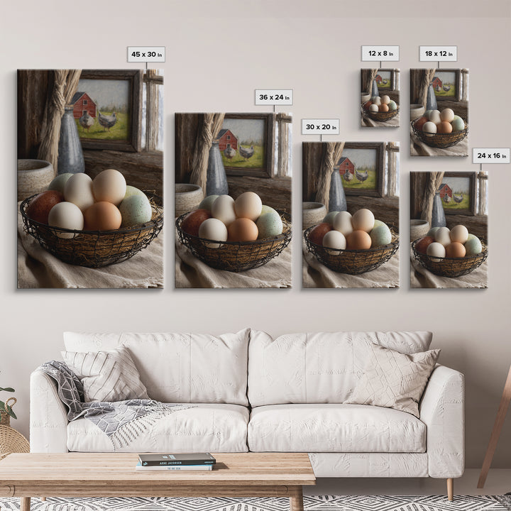 Fresh Eggs in a Wire Basket Canvas Print, Farmhouse Art, Farmhouse Decor, Abstract Art, Harvest, Sage Green Wall Art, FAR-2x3-86