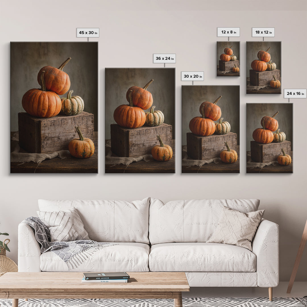 Pumpkins Stacked on a Wooden Crate Framed Canvas Print, Farmhouse Art, Digital Print, Farmhouse Decor, Fine Art, Harvest, FAR-2x3-93