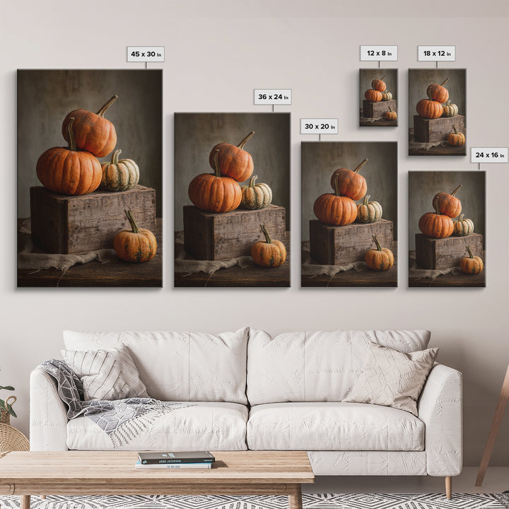 Pumpkins Stacked on a Wooden Crate Framed Canvas Print, Farmhouse Art, Digital Print, Farmhouse Decor, Fine Art, Harvest, FAR-2x3-93